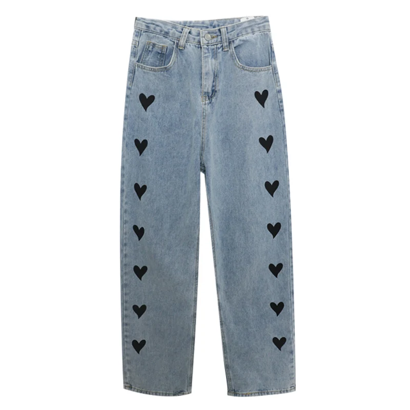 

Jeans Women Love Pattern Cowboy Denim Trousers Loose Girls Full-length High-waist All-match Vintage Straight Leisure Street-wear