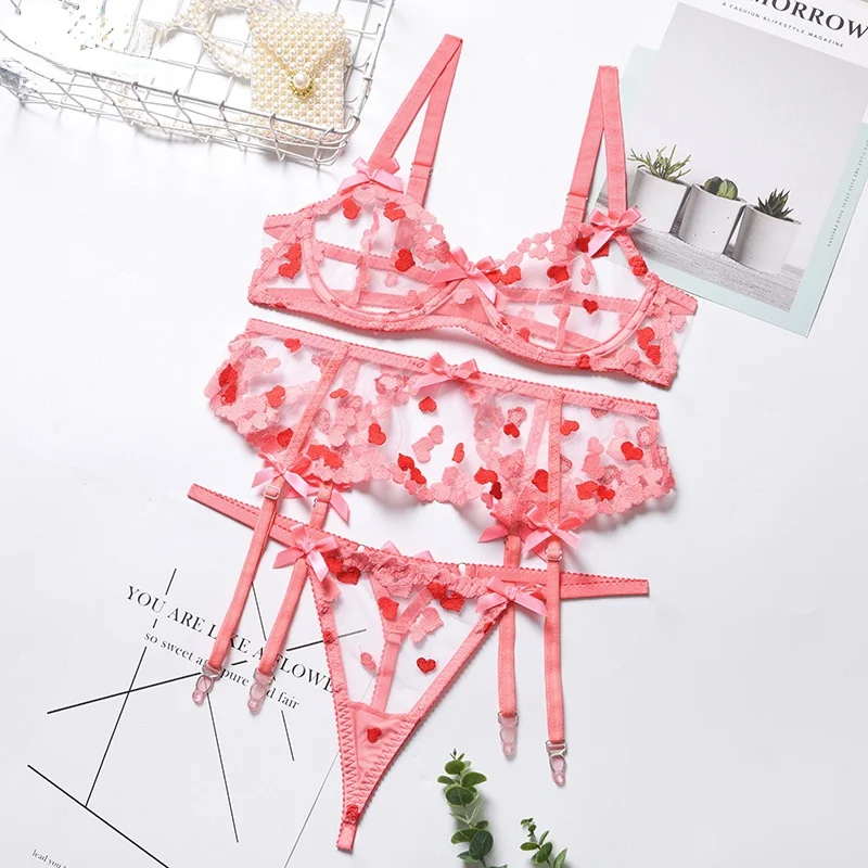 

Women's Erotic Underwear Thin Heart-Shaped Polka Dot Transparent Temptation Sexy Lingerie Underwire Bra Garter Belt Set Pink Bra