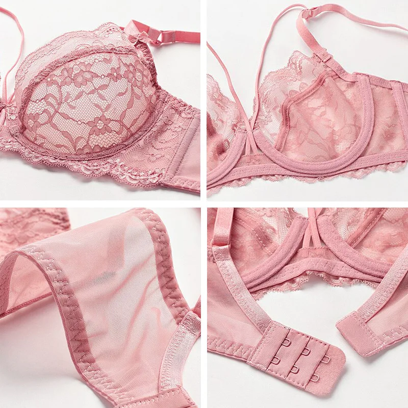 Biiggxx Sexy transparent lace underwear bra set push steel rubber ultra-thin pants French plus size women's 2-piece set