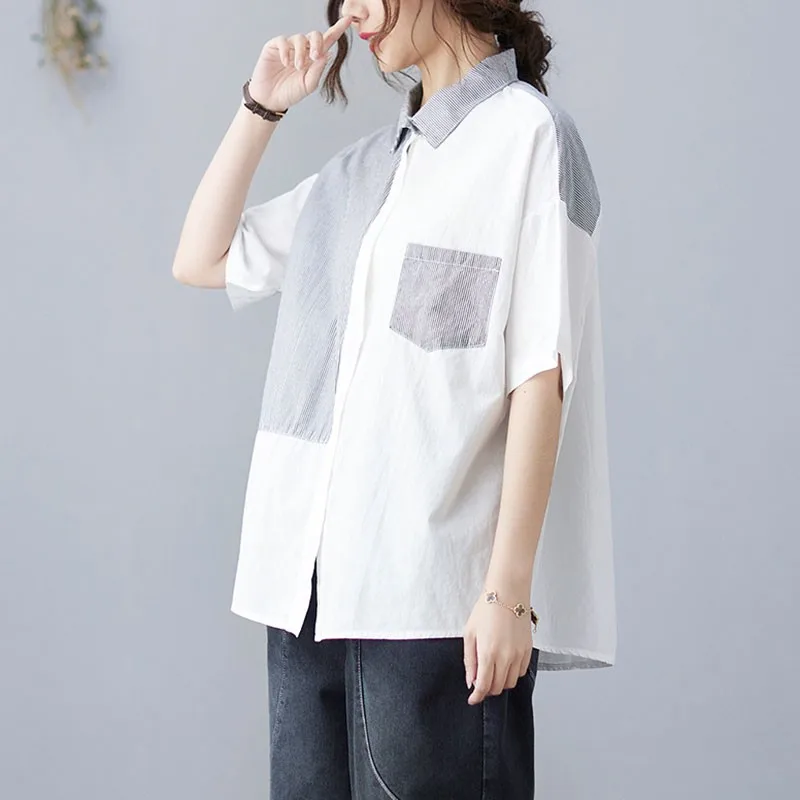 

100% Cotton Women Casual Shirt New Arrival 2021 Summer Simple Style Patchwork Color Loose Female Short Sleeve Tops W150
