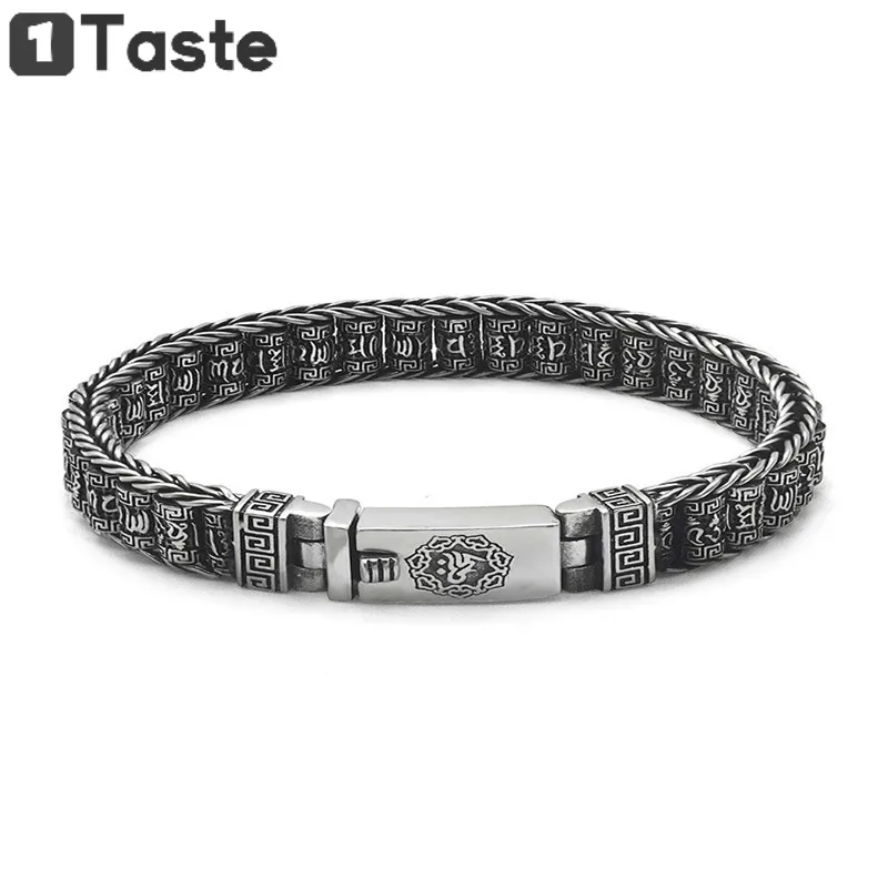 

ONE TASTE 925 Sterling Silver Mantra Lucky Men's Bracelets Buddhism Jewelry Vajra Pestle Rotating Sutra Tube Bracelet 18cm-22cm