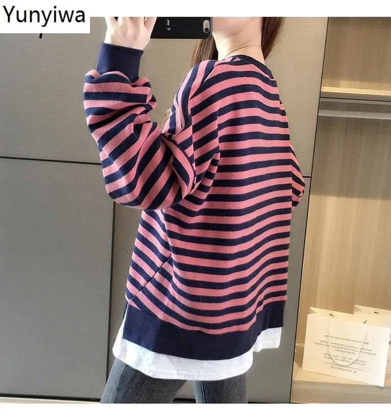 

Striped Patchwork Fake Two Pieces Hoody Autumn 2020 Fashion New Hoodies Women O-neck Loose Casual Long Sleeve Sweatshirts