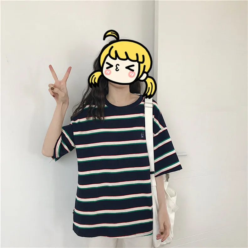 Женские негабаритные футболки Harajuku женские весенне-летние ретро цветные полосатые футболки женские корейские Kawaii Топы