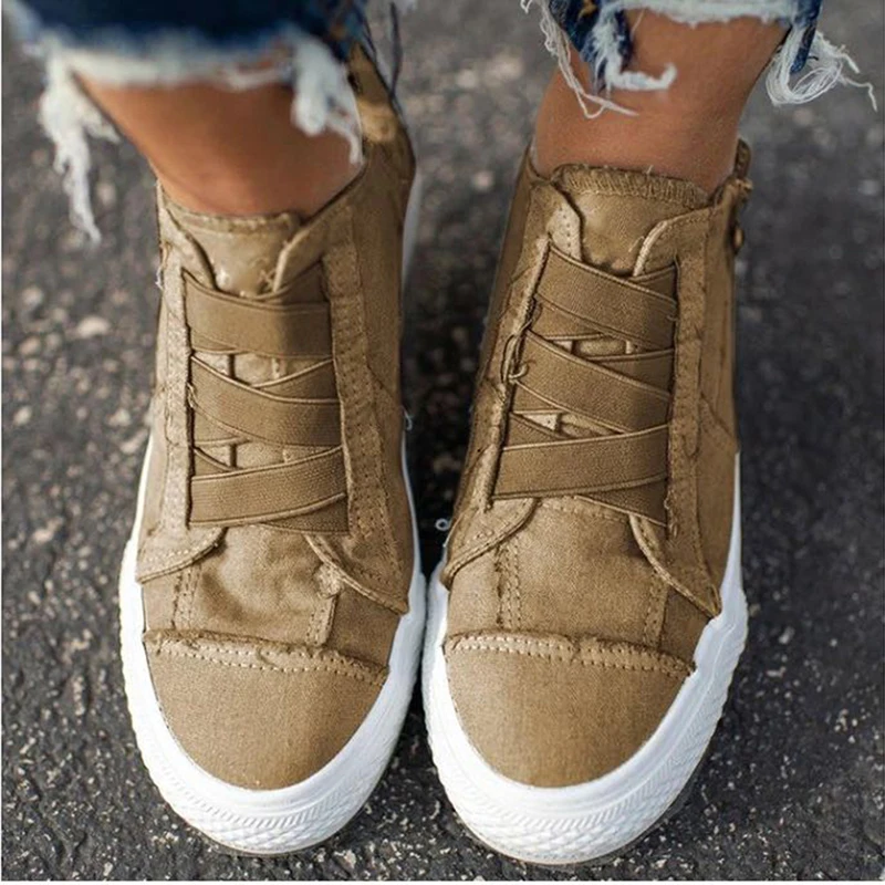 Women Sneakers 2020 Fashion Breathble Washed Canvas Wedge Shoes Platform Zipper Casual White | Обувь