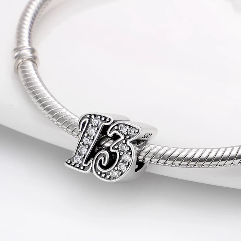 

New 100% 925 Silver Fit Original Pandora Bracelet Necklace Zircon Arabic Numeral 13 Plata De Ley Charms Women Fine Jewelry Gift
