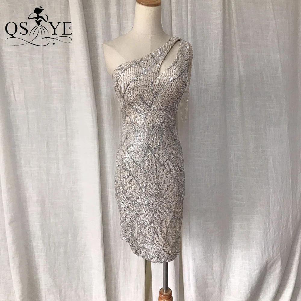 

One Shoulder Silver Short Prom Dresses Sparkle Sequin Sheath Evening Gown Beading Straps Sequin Pattern Formal Party Gown Short