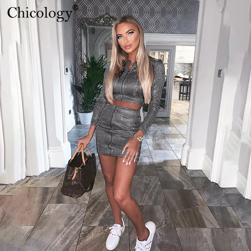 Chicology Блестящий сияющий 2 из двух частей комплект набор женское с длинным рукавом