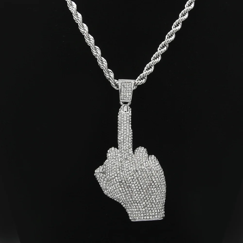 

Hip Hop Men Gold color Full Rhinestone Big Middle Finger Pendants Necklaces with 30inch long Twist chain for mens jewelry