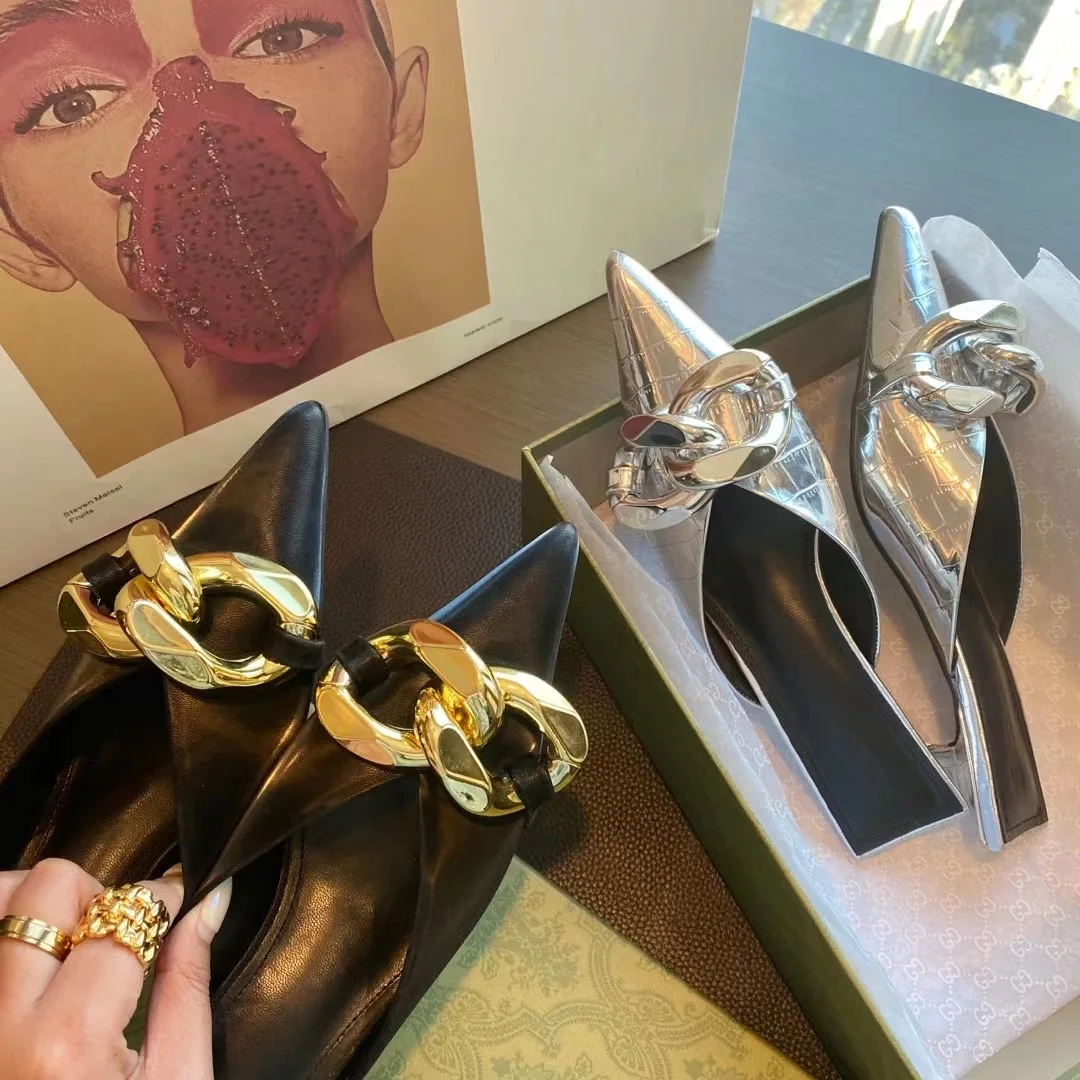 

Pointed Toe Women Slippers Metal Chain Thin Low Heels Pink Shoes Summer Slides Flip Flops White/Black/Silver Ladies Slippers 39