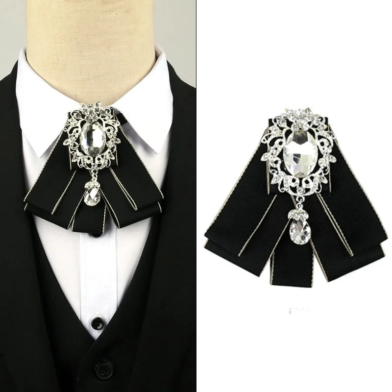 

British Style Fabric Bow Tie Brooch Ribbon Crystal Necktie Men Shirt Collar Pins Wedding Party Brooches for Women Accessories