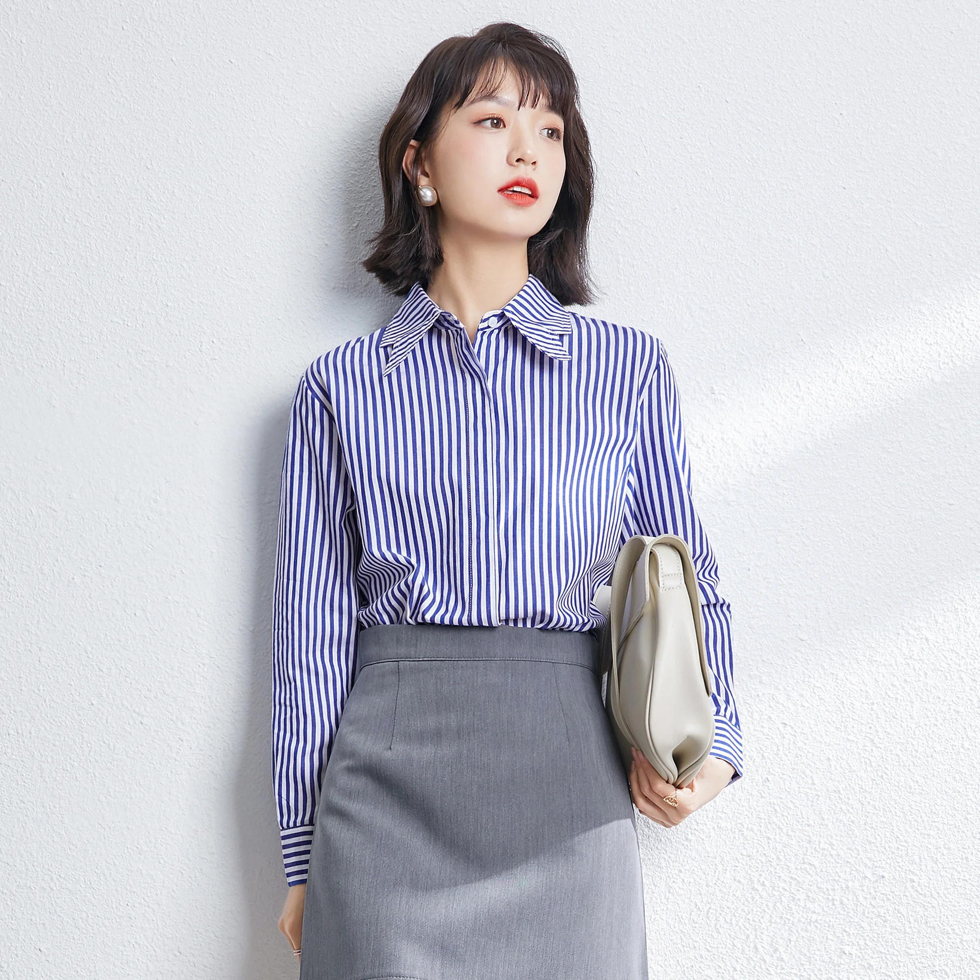 

Spring Blue Color Striped Button Up Shirt Women's Butterfly Collar Design Sense Niche Top Oversized Korean New Fashion Elegant