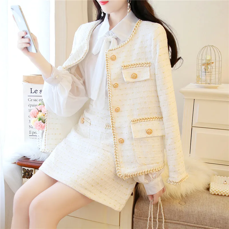 Женский твидовый костюм в клетку SWEETXUE однобортный пиджак с карманами + мини юбка