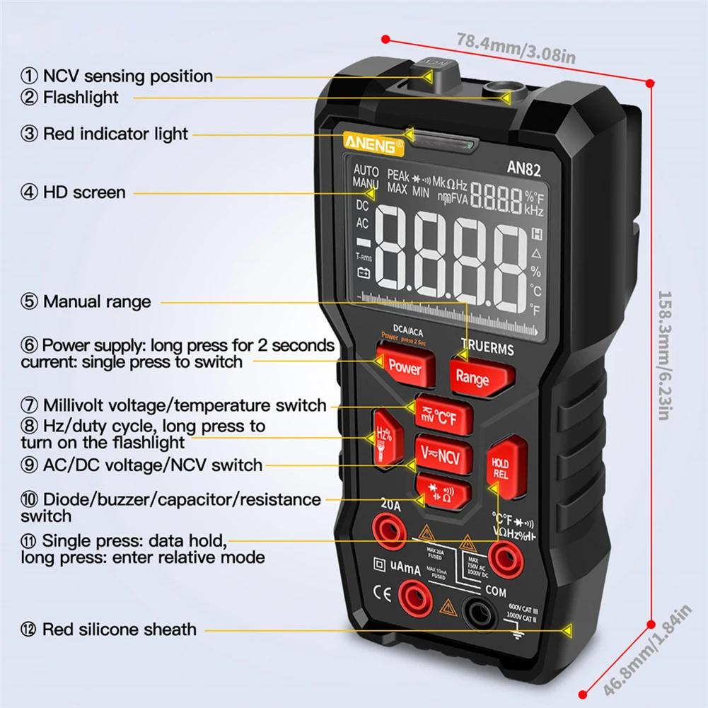 

ANENG AN82 9999 Counts Digital Multimeter Auto Ranging Electrical Tester Portable Ture RMS AC/DC Ammeter Voltage Meter