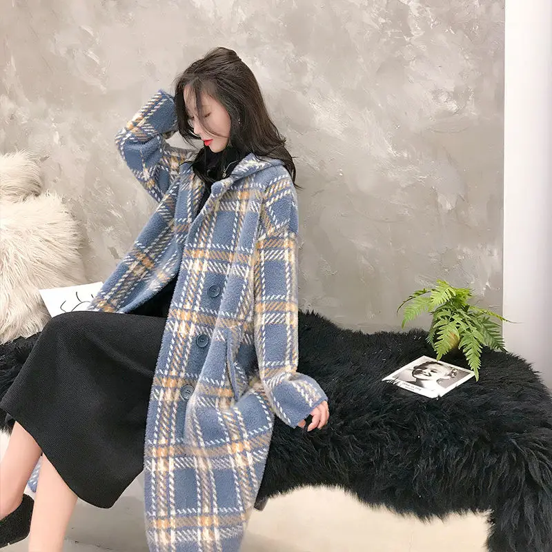 Winter Faux Mink Fur Plaid Knit Coat Jacket Outwear Women Warm Long Knitted Cardigan |