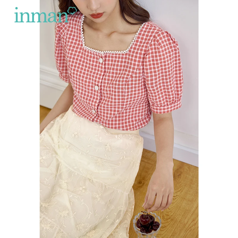 INMAN Beaded Square Collar Tops Women Sweet Elegant Vintage Style Shirt Plaid Short Bubble Puff Sleeve Lady Summer Blouse