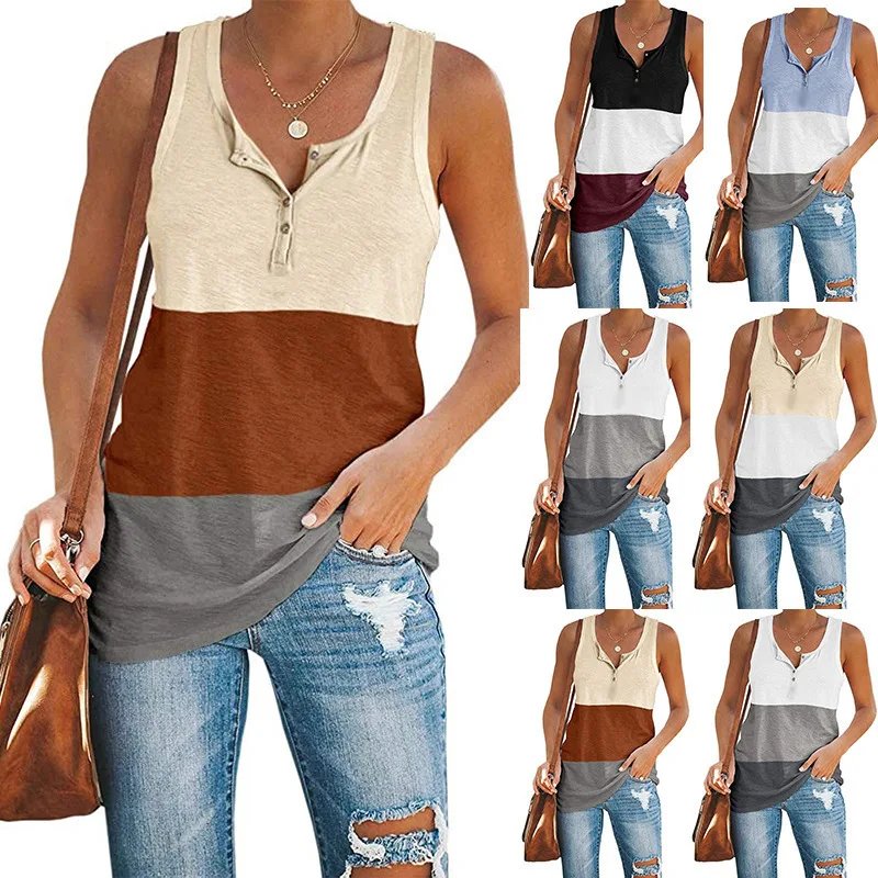 

2021 New Fashion Women Summer Tank Tops Ladies Casual Sleeveless Button V-neck Patchwork Contrast Color Loose Vest Shirts