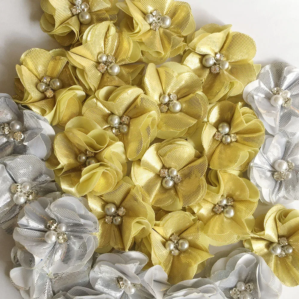 2.0 inch Silver &amp Gold Color Chiffon Flower Ruffled Metallic With Rhinestone Center 100Pcs/lot | Аксессуары для одежды