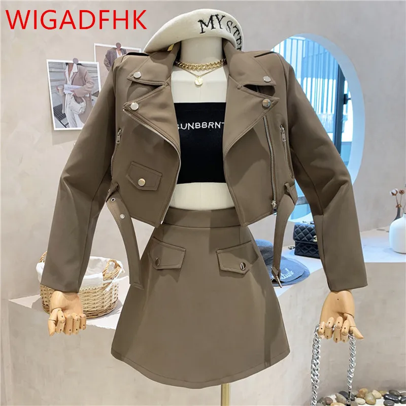 

Women's Fashion Casual Suit Fall 2021 New Korean High Waist Short Locomotive Jacket + High Waist A-line Skirt Two-piece Set