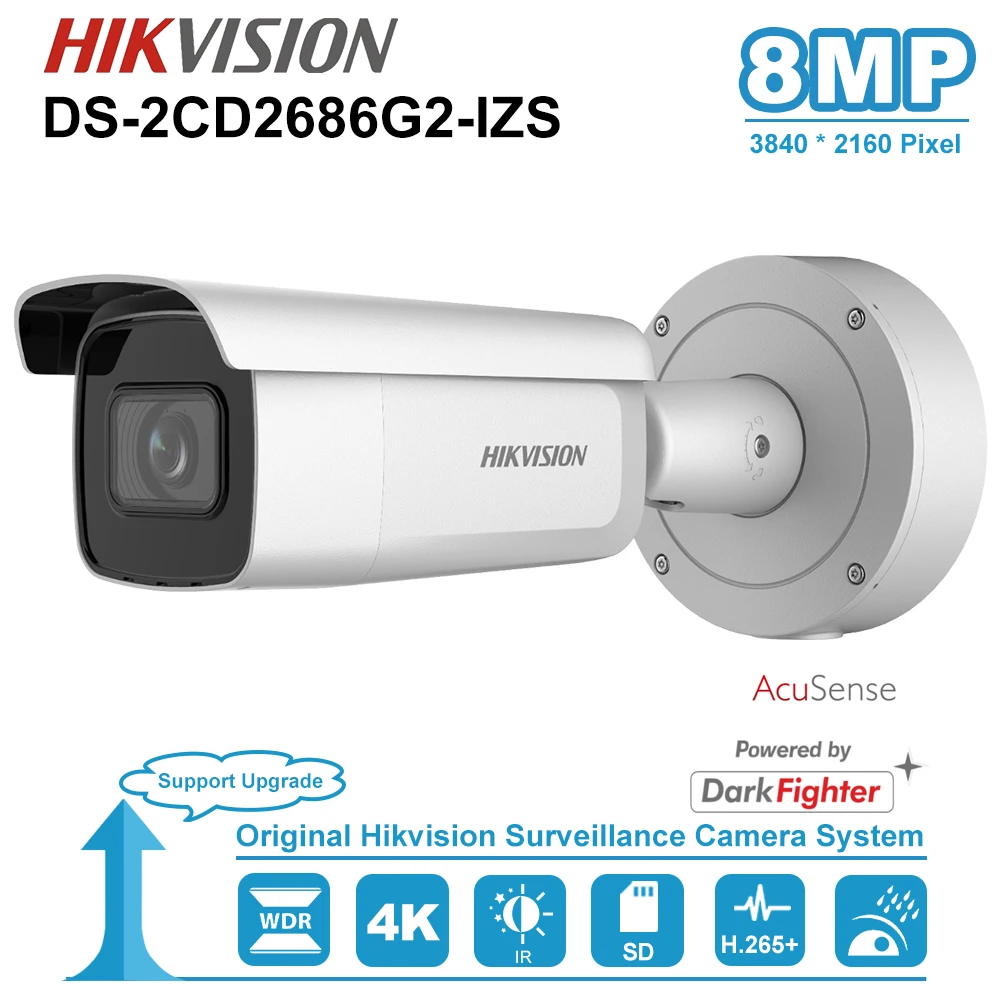

Hikvision DS-2CD2686G2-IZS 4K 8MP IP Bullet Camera 2.8-12mm Varifocal Lens POE Network Camera IR 60m IP67 SD Card Slot