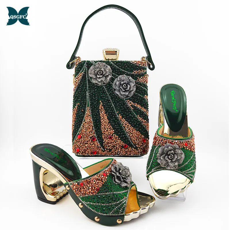 Зеленый Цвет в комплекте Женская обувь с набором подходящих сумок украшенные