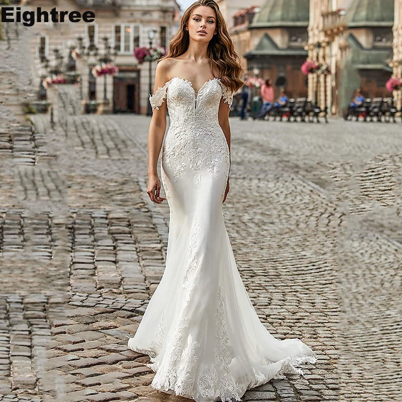 

Eightree Vintage Mermaid Wedding Dresses Off Shoulder Lace Appliques Wedding Gowns Satin Backless Bridal Dress Vestido De Noiva
