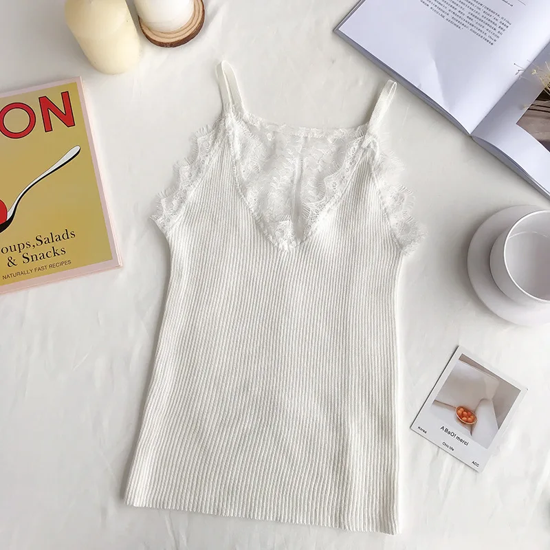 Женская майка из вязаного цветочного кружева однотонная с v-образным вырезом