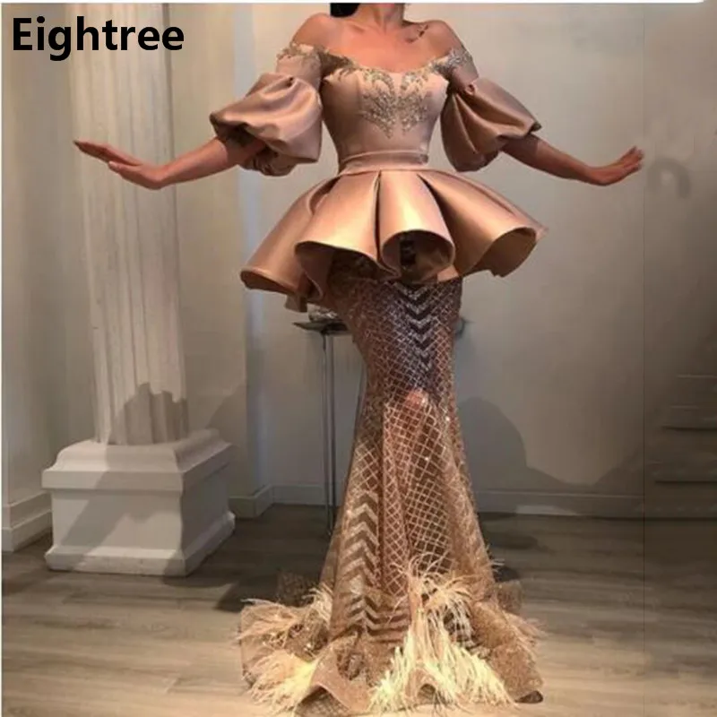 

Eightree Champagne Prom Dresses 2021 Off The Shoulder Short Sleeve Party Dress Mermaid Feather Sparkly shinning Evening Gowns