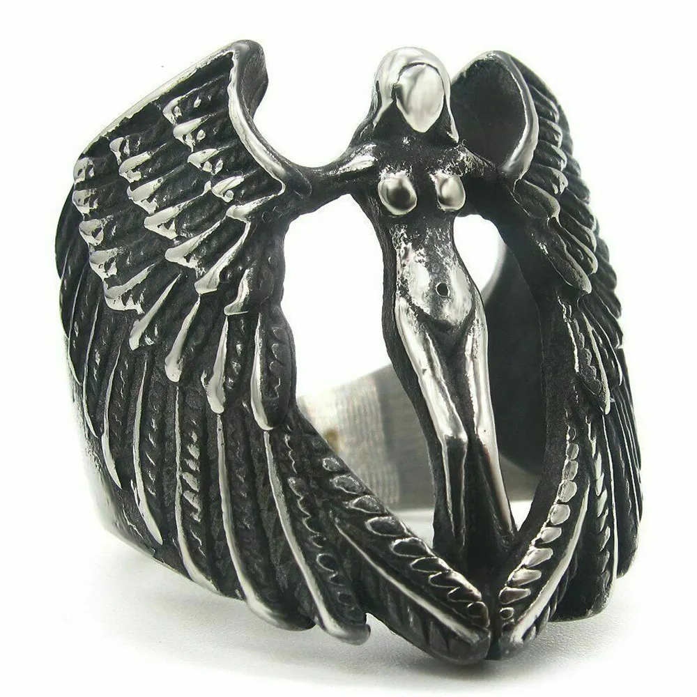 

Mens Feather MC Biker Angel Wing Ring Stainless Steel Silver Size 7-14