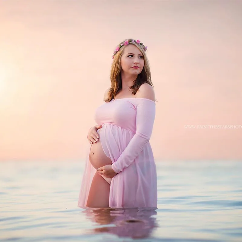 Материнства Платье для Фотосессии Макси СПЛИТ ПЕРЕДНЯЯ Шифон Сексуальная