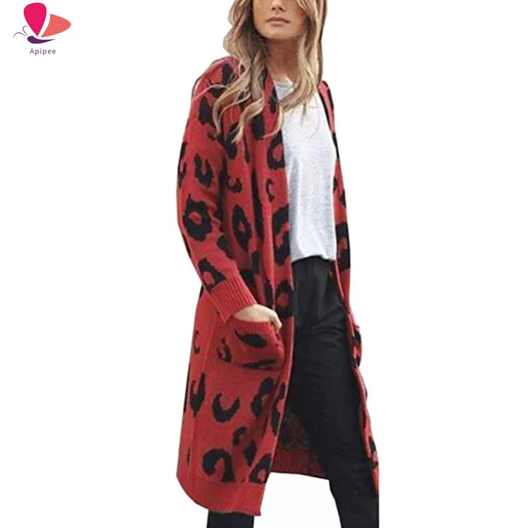 Женский свободный кардиган с леопардовым принтом Повседневная вязаная длинная