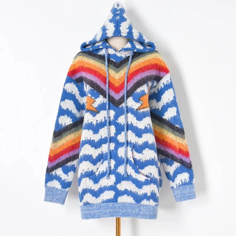 

Winter New Mohair Rainbow Hooded Sweater Wave Lightning Pattern Chic Loose Knitted Pullover Women Fashion Oversized Sweaters