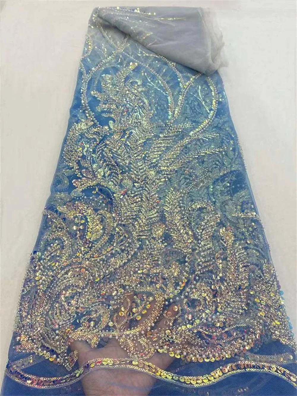 

Высококачественная темно-синяя африканская кружевная ткань с бисером 2021 модные вышитые блестки французское Сетчатое кружево для нигериве...