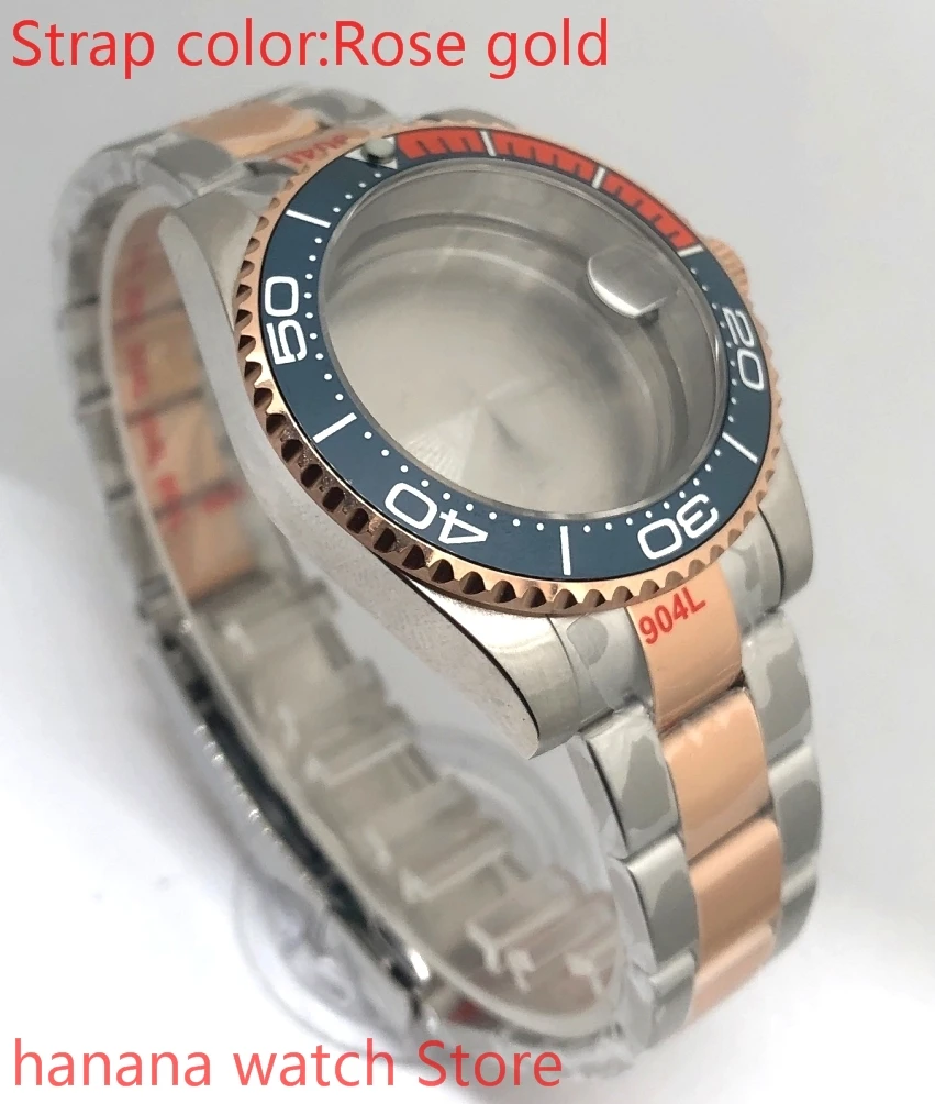 

bliger 904L stainless steel rose gold strap bracelet with 40mm sapphire glass ETA mingzhuji NH36 MH35 case, bezel blue orange