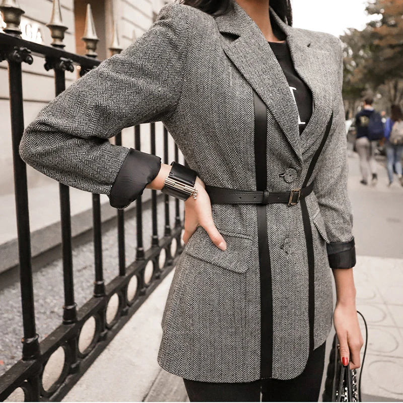 Женский блейзер с поясом BGTEEVER винтажный из искусственной кожи отложным