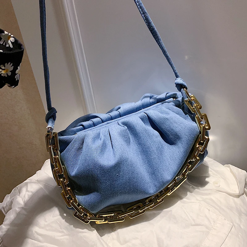

Fashion Denim Gold Big Chain Shoulder Bags Women Crossbody Bags 2021 New Popular Pleated Bag Handbags Ladies High Capacity Bags