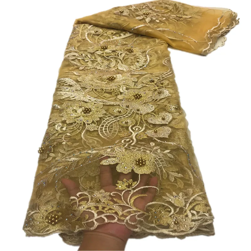 

African lace fabric mesh lace with bead french tulle lace fabric 5 Yards lace and sewing embroidery fabric for party JL-160