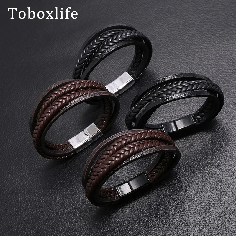 Хит продаж! Многослойный простой тканый мужской кожаный браслет с магнитной