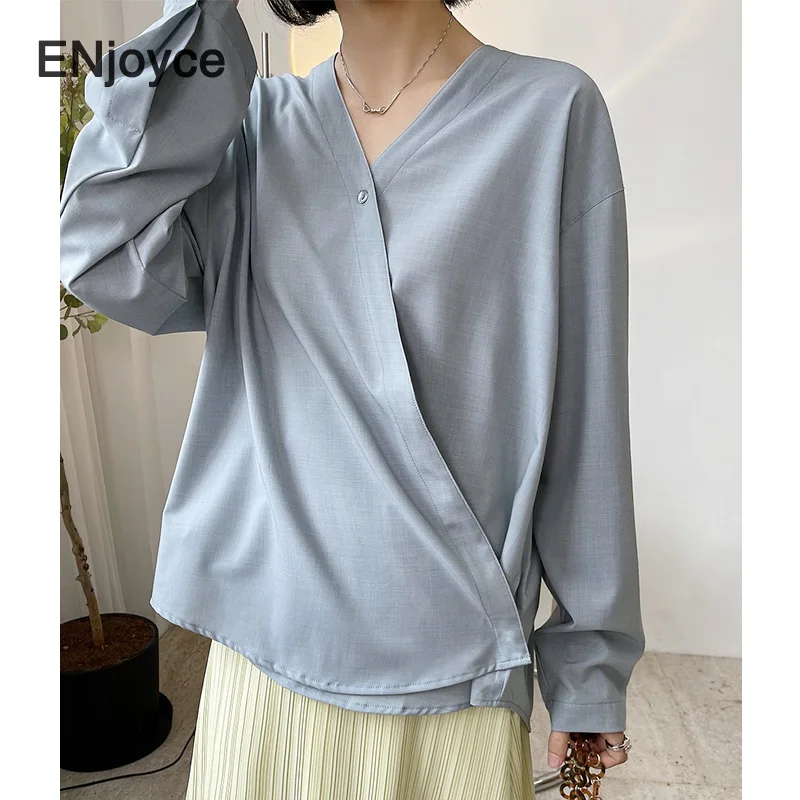 

Vintage V-Neck Loose Long Sleeve Shirts Women 2021 Spring Summer Fashion Japan Style Clothing Oblique Placket Shirt
