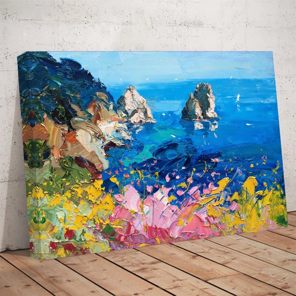 

Large Capri Island Italy Seascape Knife Scratch Oil Painting HD Printed Canvas Wall Art Poster For Living Room Bedroom Wall Deco