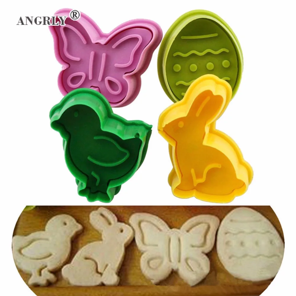 

4pcs/lot Animal Shape Easter Cookie Plunger Cake Decoration Mold Pastry Cookies Cutter Baking Mould Fondant Sugar Craft Mold