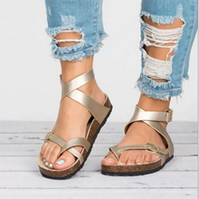 Летние женские сандалии Сандалии на плоской подошве Обувь с пряжкой и ремешком в