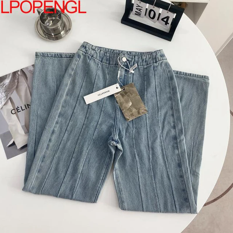 

Women Autumn High-waist Straight Jeans Stitching Loose High-quality Wide-leg Pants Simple Style Cotton Striped Pattern 2021 New