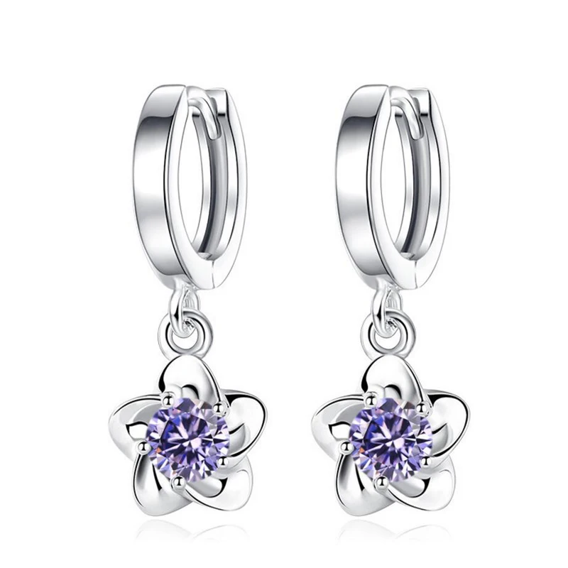

100% 925 sterling silver shiny crystal plum flower Drop earrings female jewelry women gift wholesale drop shipping