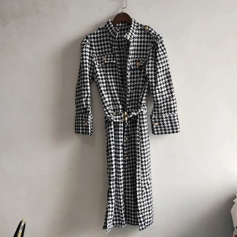 

traight Minimalist Woolen Overcoat With Belt 2020 Winter Over Knee Style Stand Collar Long-sleeved Panelled Plaid S