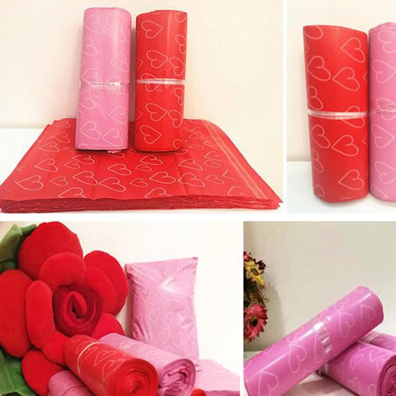 100 шт./лот полиэтиленовые пакеты с принтом в форме красного сердца пластиковые