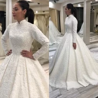 2022 arabic muslim lace beaded wedding dresses high neck long sleeves bridal gown vestido de noiva robe de mariee