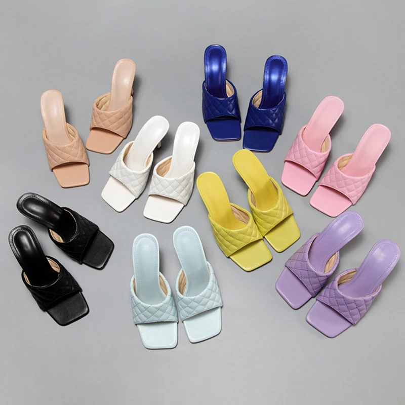 

NEW Sexy PU Diamond Square Head Peep Toe Thin High Heels Slippers Summer Fashion Slip On Slides Women Mules Party Shoes