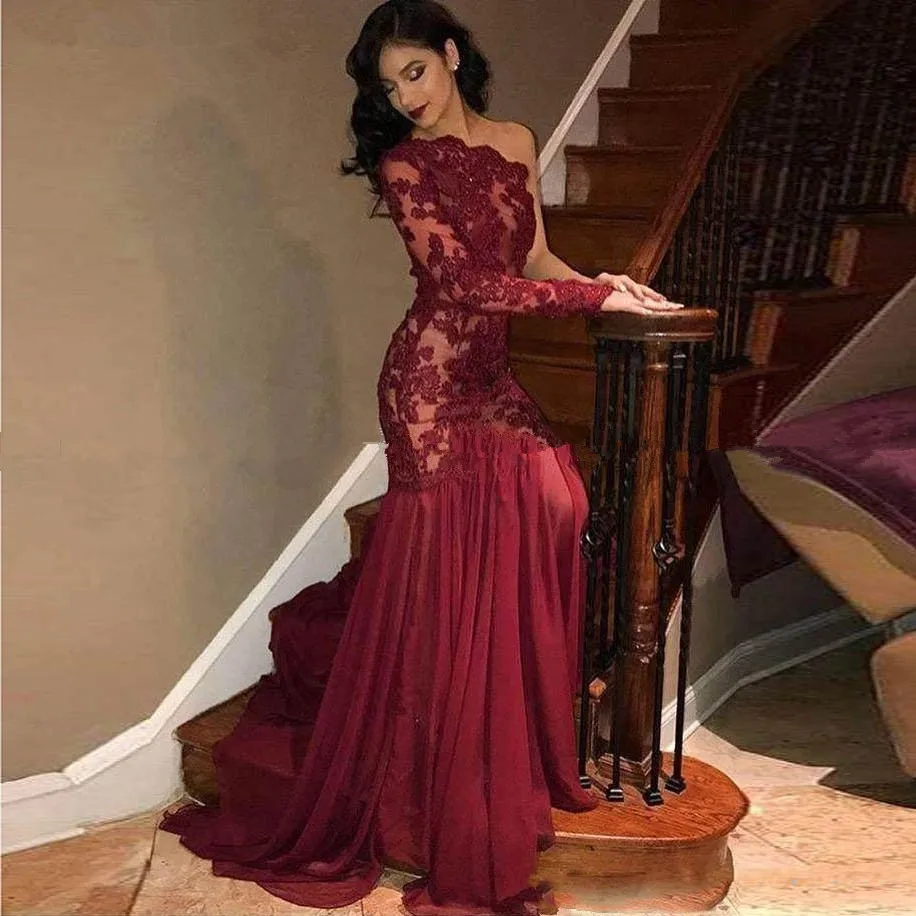 

Burgundy Evening Dresses Mermaid One-shoulder Chiffon Appliques Beaded Dubai Saudi Arabia Long Prom Dress Gown Robe De Soiree