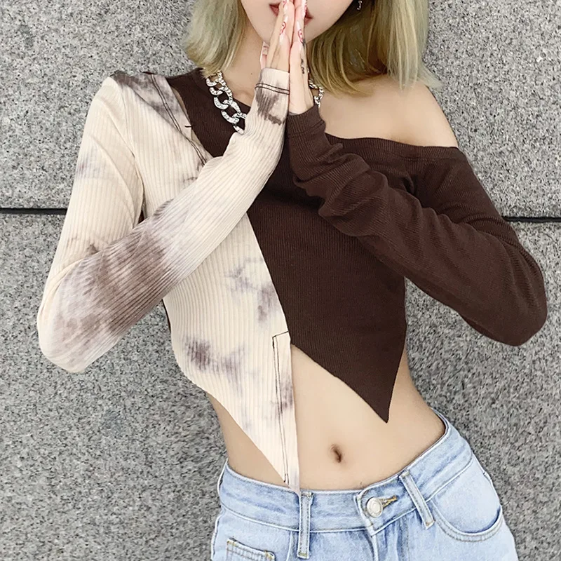 

Multicolor Two Tone Patched Women Short Tops 2021 Autumn Ladies Sexy Long Sleeve Asymmetrical Shoulder Tank Tops