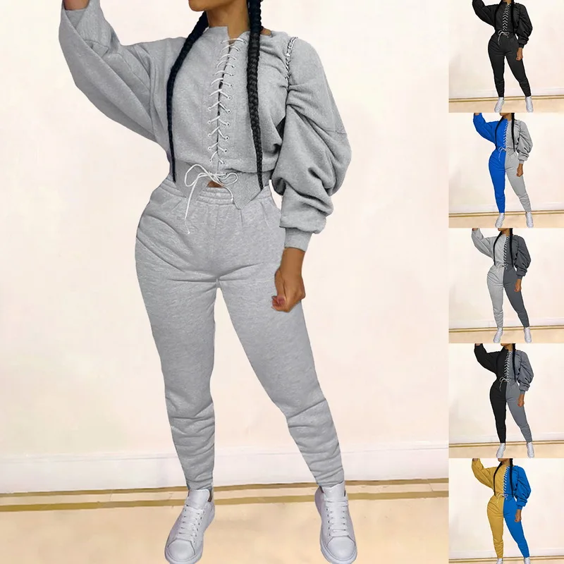 2020 Women Spring and Autumn Bandage Tracksuit Loose Two-piece Set Long Sleeve Elastic Waist Lace Up Placket Sportswear | Женская одежда